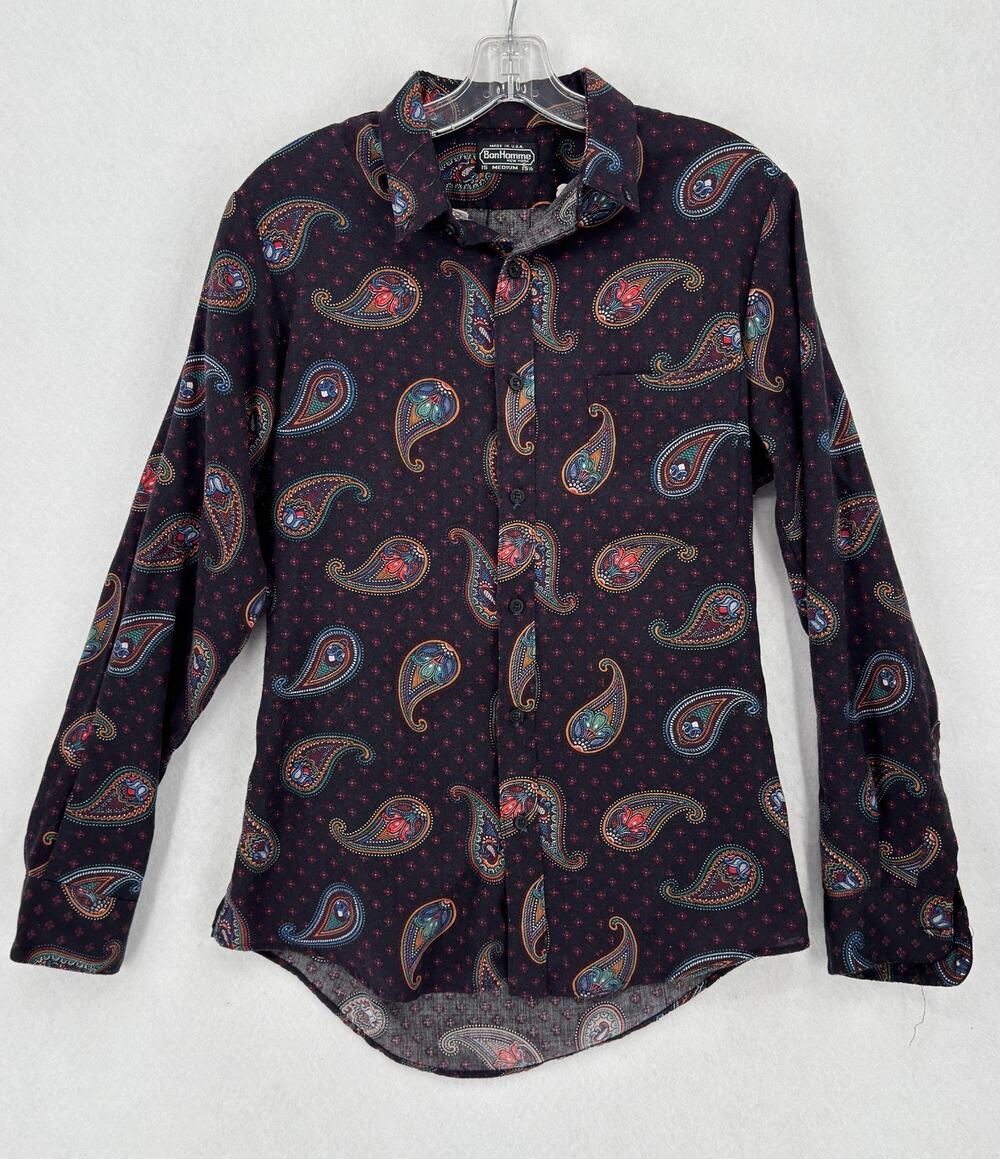 Vintage Bon Homme Mens Black Colorful Paisley Collared Button Up Shirt Sz M
